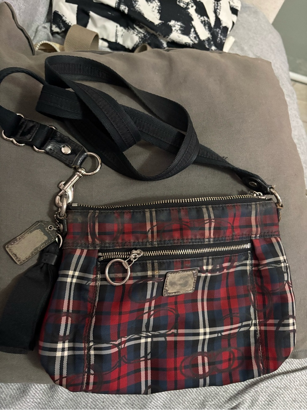 Coach Red Plaid Crossbody Bag with Black Strap